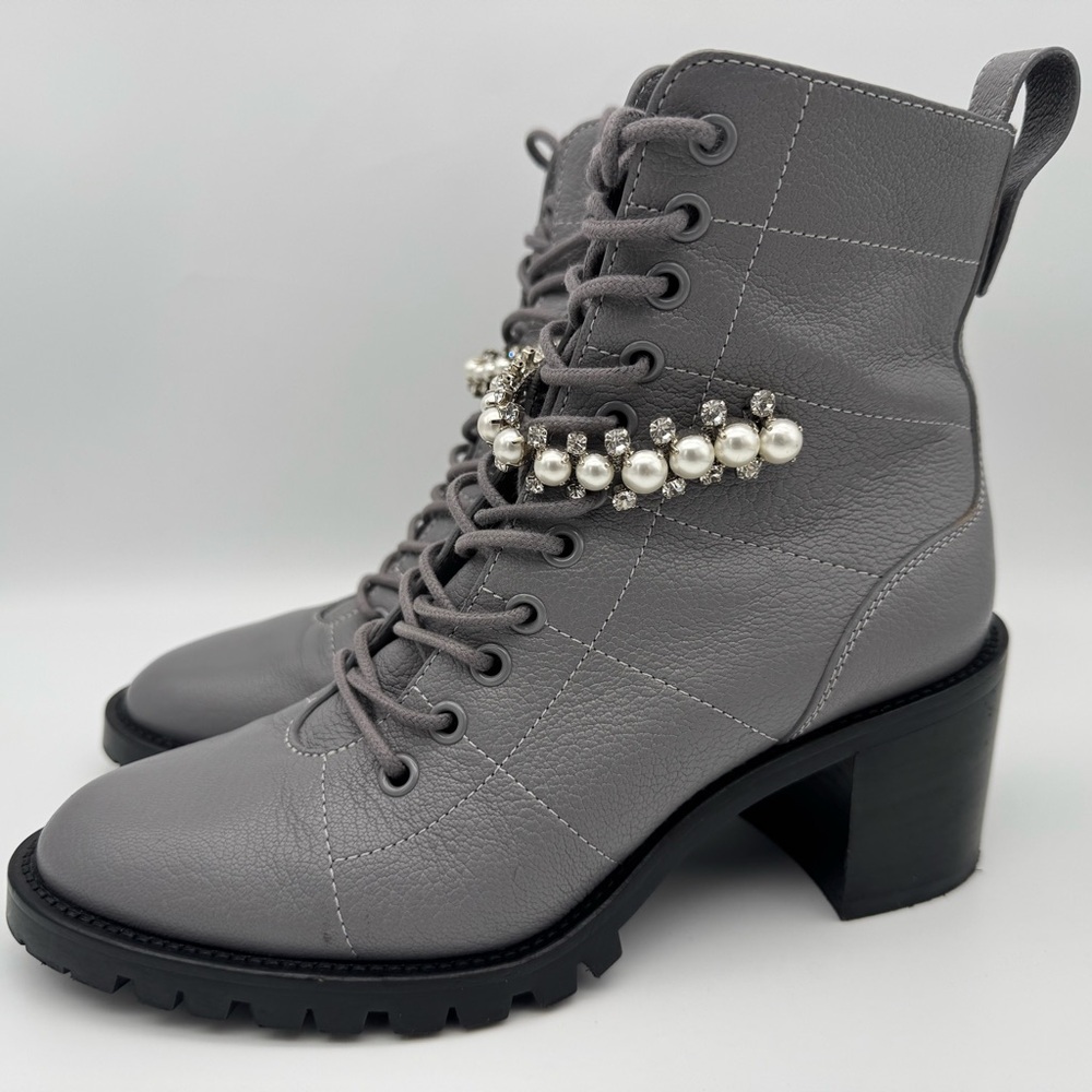Jimmy Choo Cruz Combat Boots Grey Leather Crystal Detail Women’s EU 36.5 /US 6.5